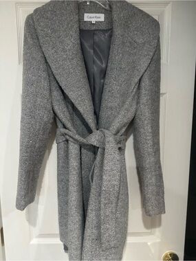 Calvin Klein Gray Belted Shawl Collar Trench Coat